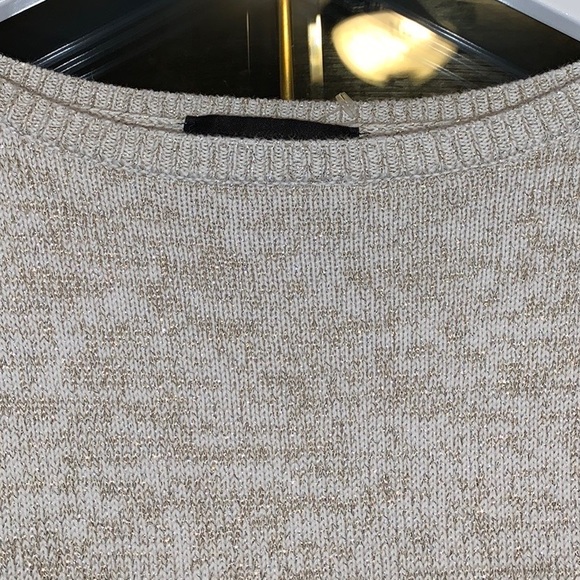 Ann Taylor Beige & Metallic Gold Shimmer Fringe Detail Puff Sleeve Sweater - Picture 9 of 16